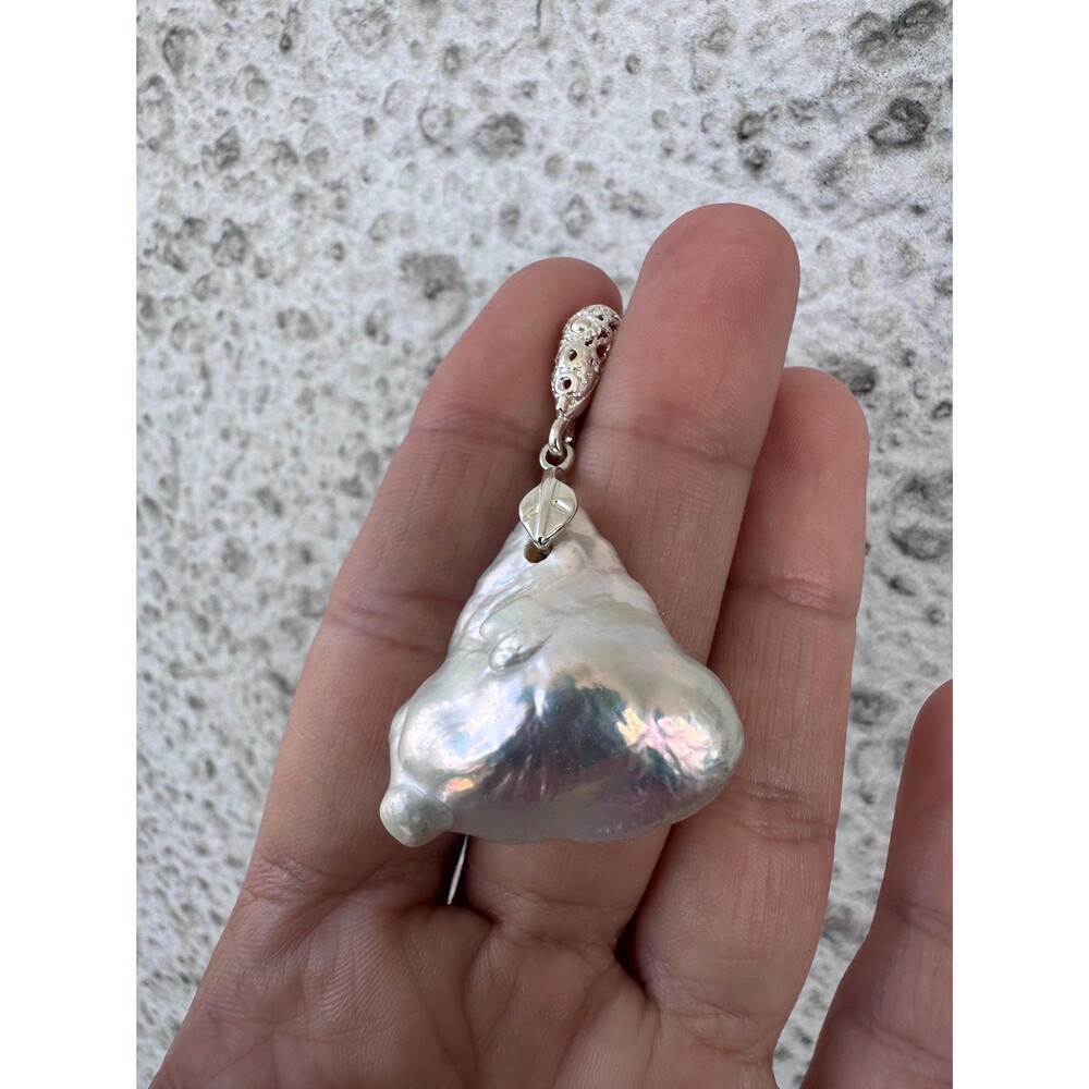 White Huge Baroque Pearl Pendant Statement Sterling Silver Necklace - Picture 3 of 15